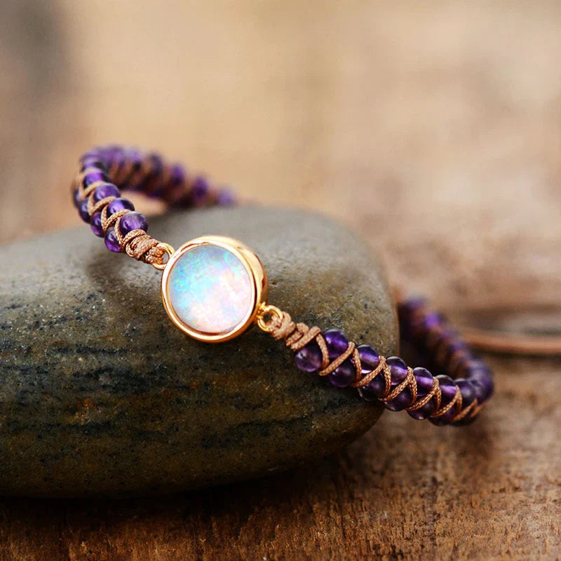 Elegant gemstone wrap bracelets in various colors, featuring amethyst, opal, and other natural stones