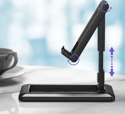 Retractable folding mobile phone stand in an adjusted position on a desktop, shown in one of four colour options.