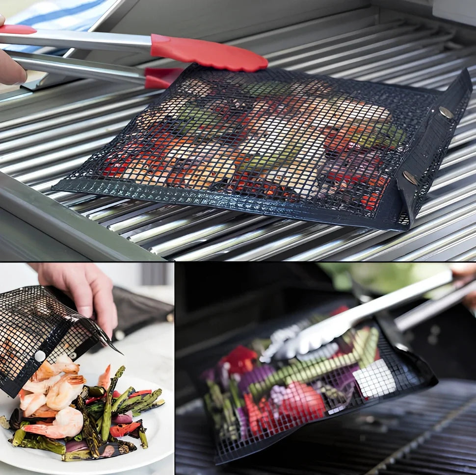 Black grill mesh bag with non-stick grid mat on barbecue, showing smoke circulation through mesh design