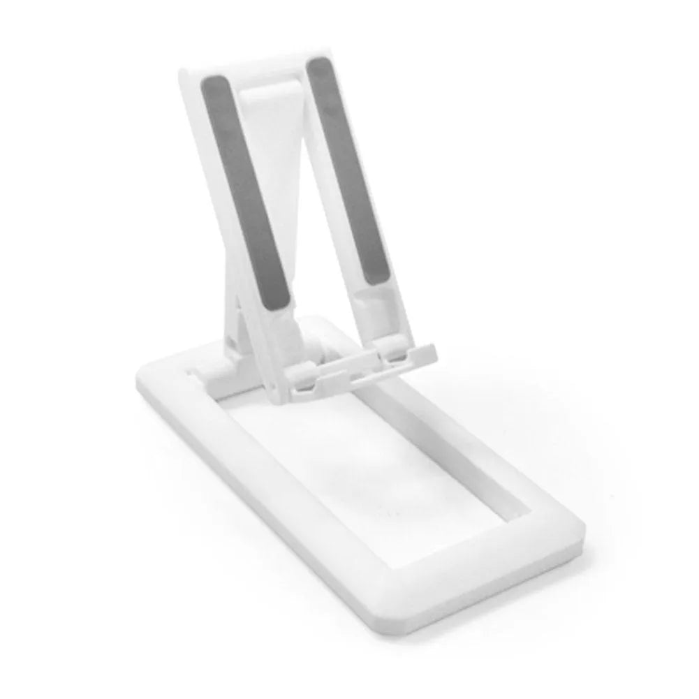 Retractable folding mobile phone stand in an adjusted position on a desktop, shown in one of four colour options.