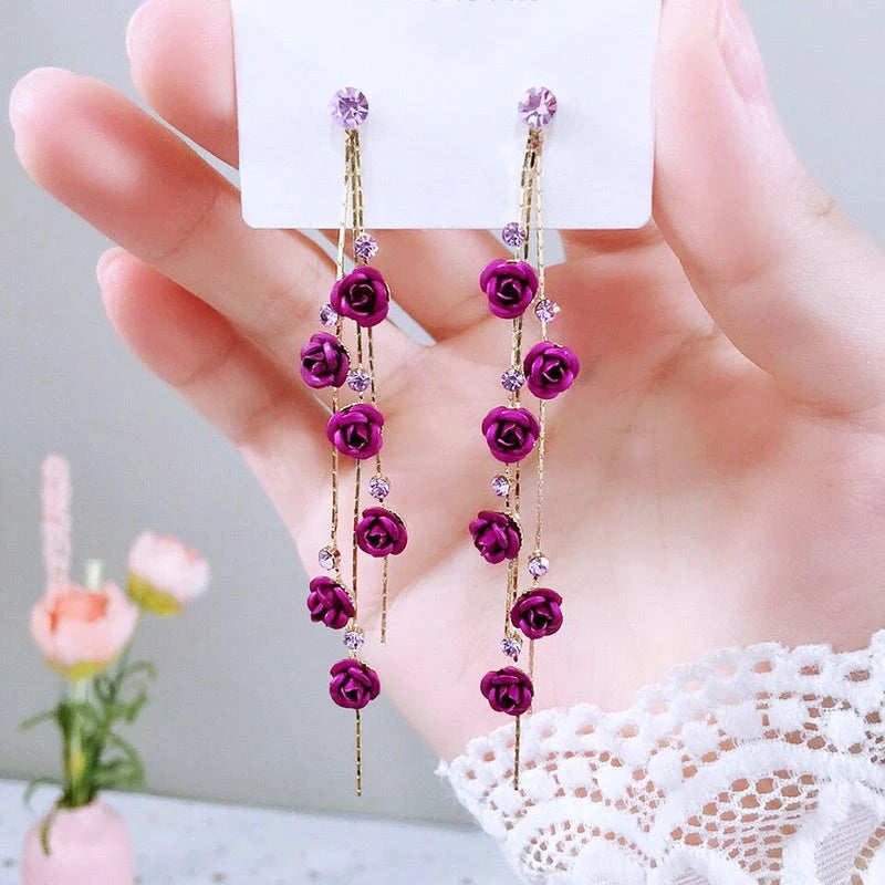 Elegant Wild Red Rose Rhinestone Tassel Earrings for women