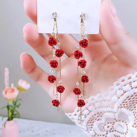 Elegant Wild Red Rose Rhinestone Tassel Earrings for women