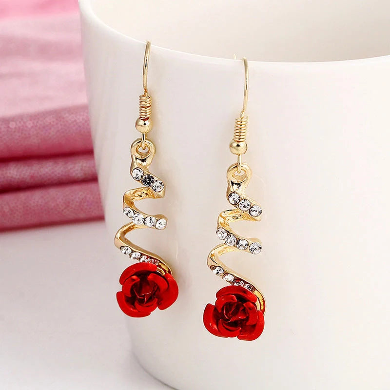 Elegant Wild Red Rose Rhinestone Tassel Earrings for women