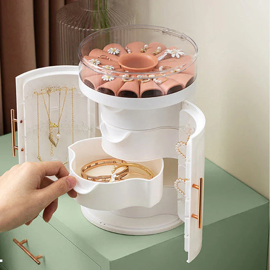 Elegant jewelry organizer with transparent cover, multi-level design, and customizable rotating base for storing and displaying jewelry