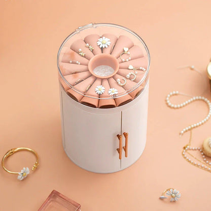 Elegant jewelry organizer with transparent cover, multi-level design, and customizable rotating base for storing and displaying jewelry