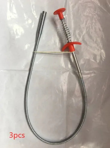 Stainless steel sewer dredge spring drain cleaning tool with a black PP handle.