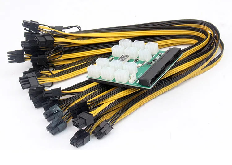 Server power conversion board with twelve 50 cm long 8-pin graphics card power cables attached