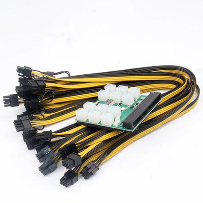 Server power conversion board with twelve 50 cm long 8-pin graphics card power cables attached