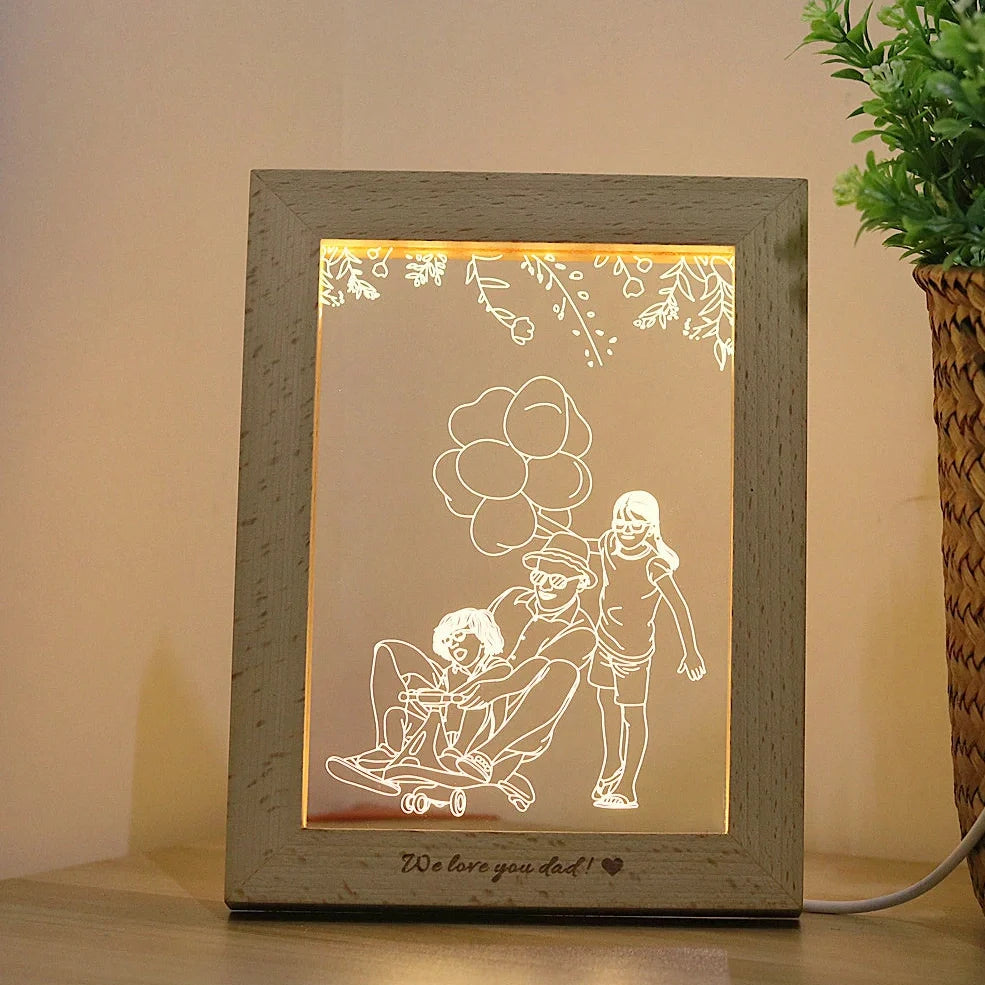 3D LED photo frame table lamp with beech wood frame and acrylic board displaying custom text