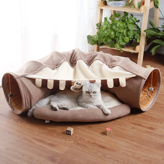 Collapsible cat tunnel with mat in various colors for interactive play and rest