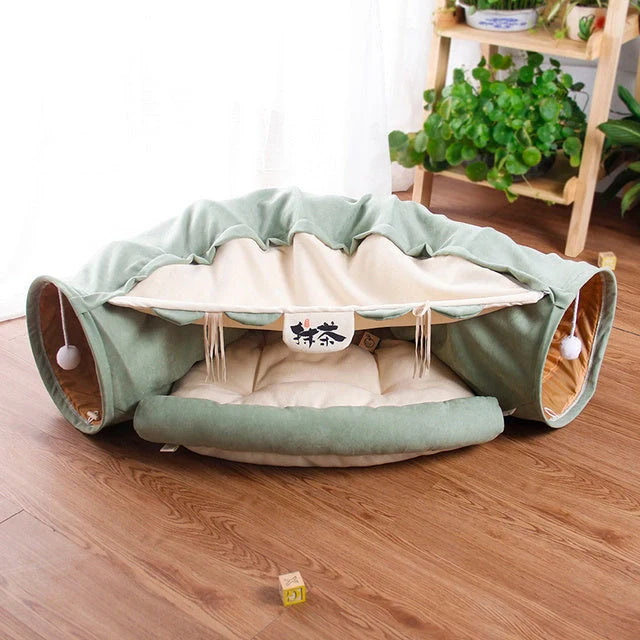Collapsible cat tunnel with mat in various colors for interactive play and rest