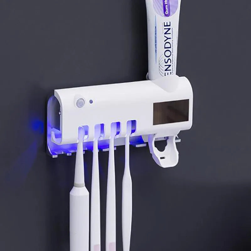 Intelligent UV toothbrush sterilizer and automatic toothpaste squeezer rack in white colour