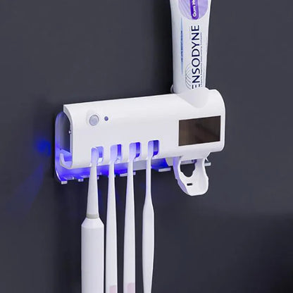 Intelligent UV toothbrush sterilizer and automatic toothpaste squeezer rack in white colour