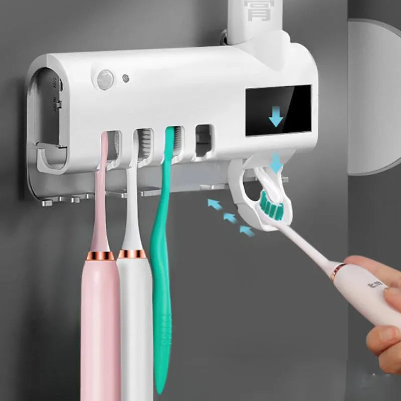 Intelligent UV toothbrush sterilizer and automatic toothpaste squeezer rack in white colour