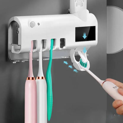 Intelligent UV toothbrush sterilizer and automatic toothpaste squeezer rack in white colour