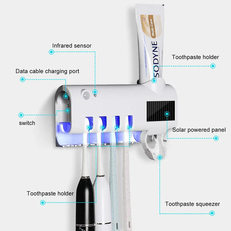 Intelligent UV toothbrush sterilizer and automatic toothpaste squeezer rack in white colour