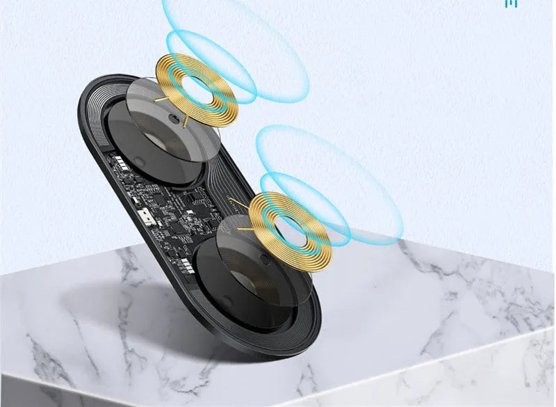 Baseus Minimalist 2-in-1 Wireless Charger Pro Version in black showing circular design with phone and earbuds charging