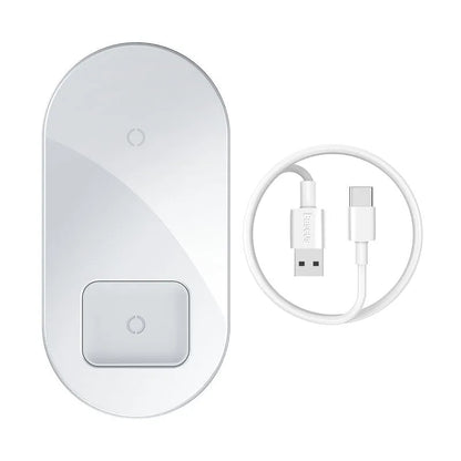 Baseus Minimalist 2-in-1 Wireless Charger Pro Version in black showing circular design with phone and earbuds charging