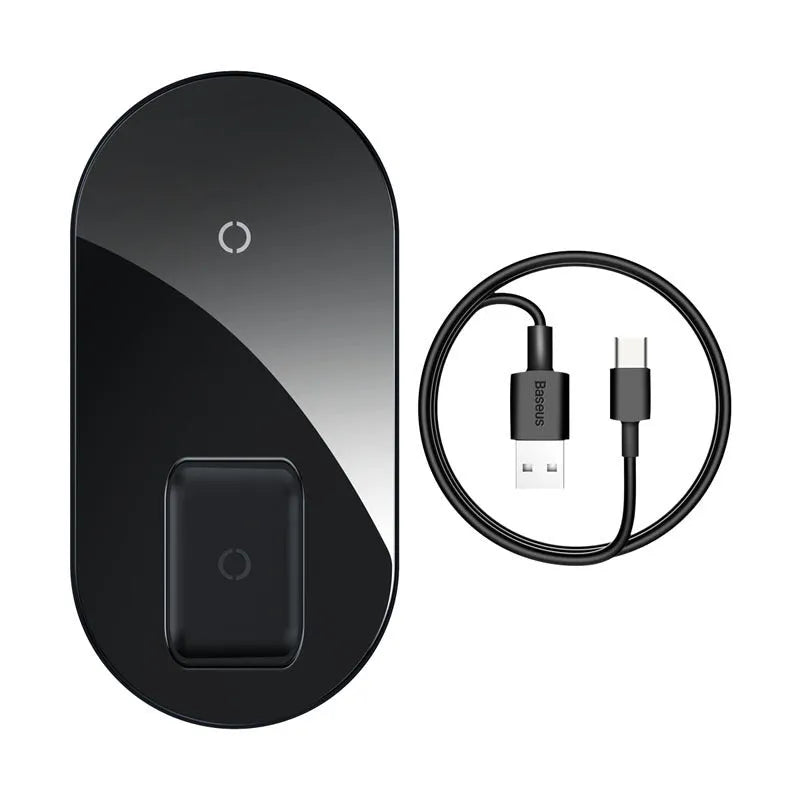 Baseus Minimalist 2-in-1 Wireless Charger Pro Version in black showing circular design with phone and earbuds charging