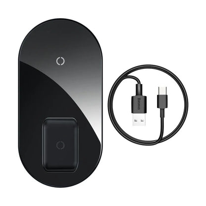 Baseus Minimalist 2-in-1 Wireless Charger Pro Version in black showing circular design with phone and earbuds charging