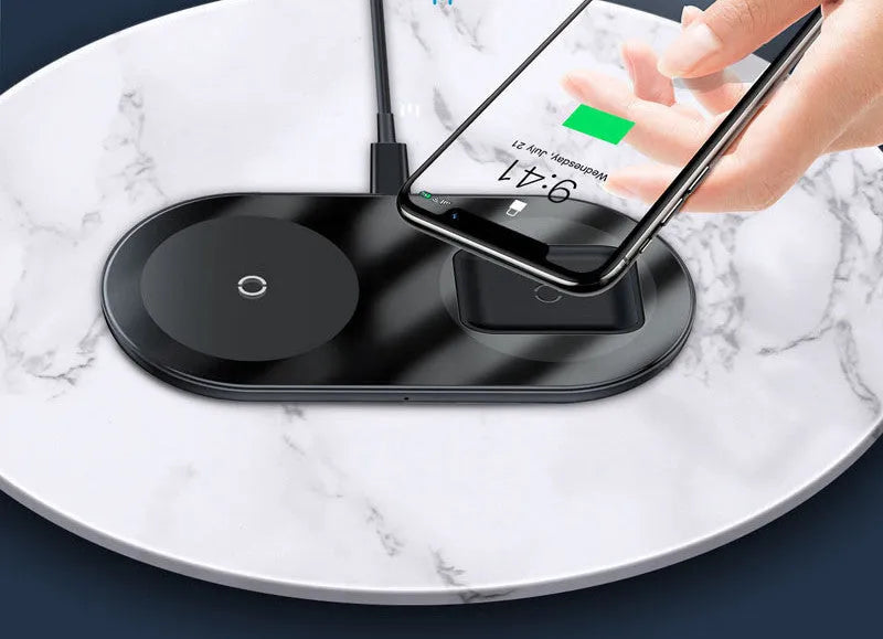 Baseus Minimalist 2-in-1 Wireless Charger Pro Version in black showing circular design with phone and earbuds charging