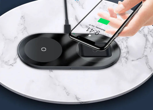 Baseus Minimalist 2-in-1 Wireless Charger Pro Version in black showing circular design with phone and earbuds charging