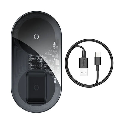 Baseus Minimalist 2-in-1 Wireless Charger Pro Version in black showing circular design with phone and earbuds charging