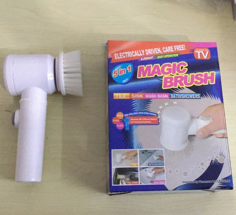 White Magic Brush electric cleaning scrubber with three interchangeable brush heads for bathtubs and sinks