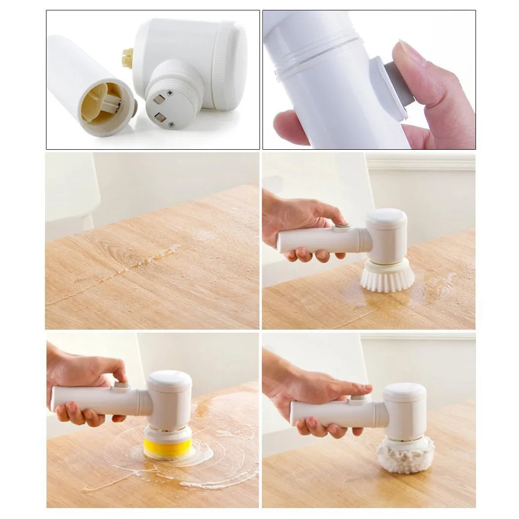 White Magic Brush electric cleaning scrubber with three interchangeable brush heads for bathtubs and sinks