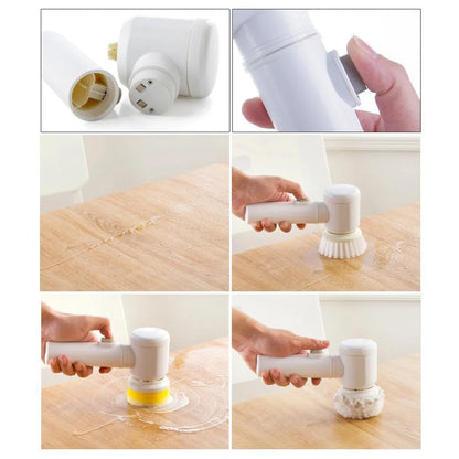 White Magic Brush electric cleaning scrubber with three interchangeable brush heads for bathtubs and sinks
