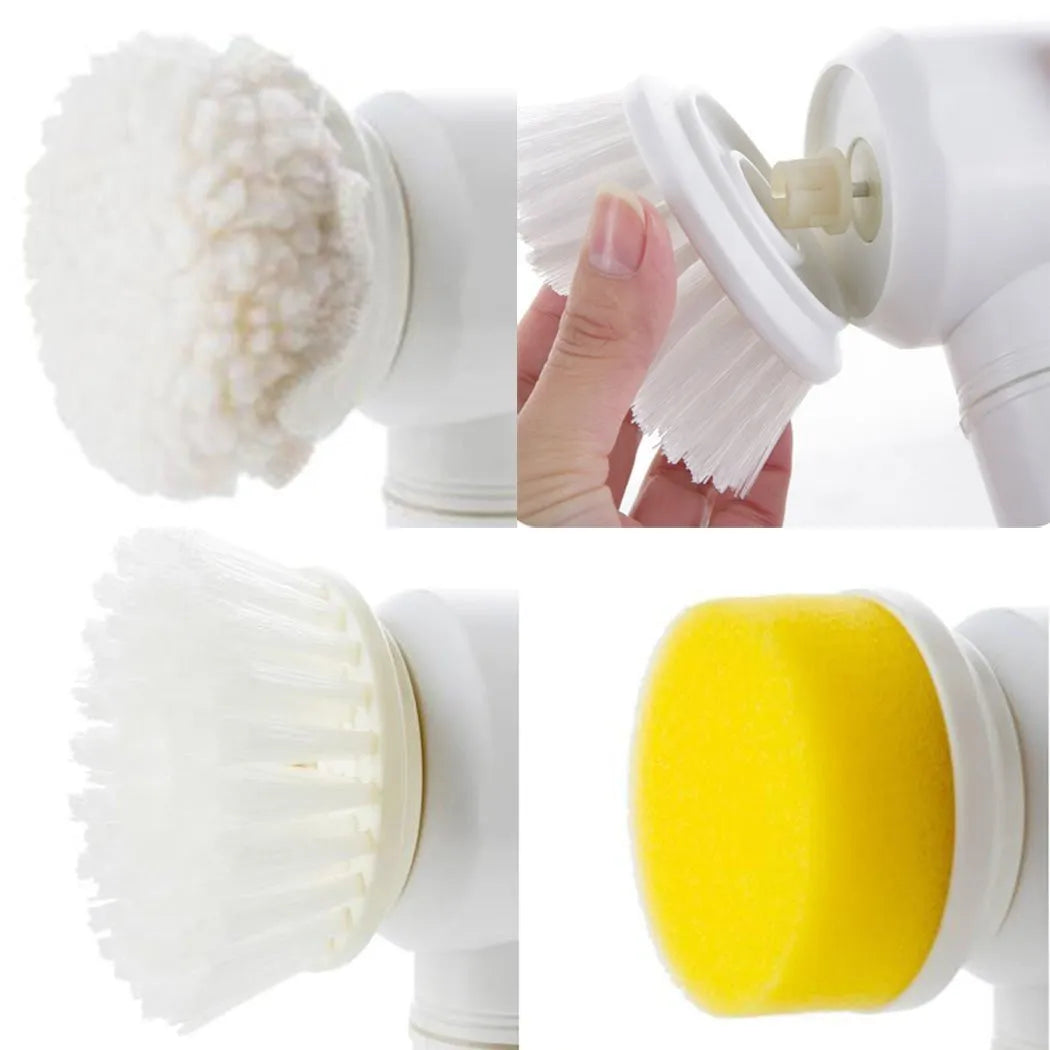White Magic Brush electric cleaning scrubber with three interchangeable brush heads for bathtubs and sinks