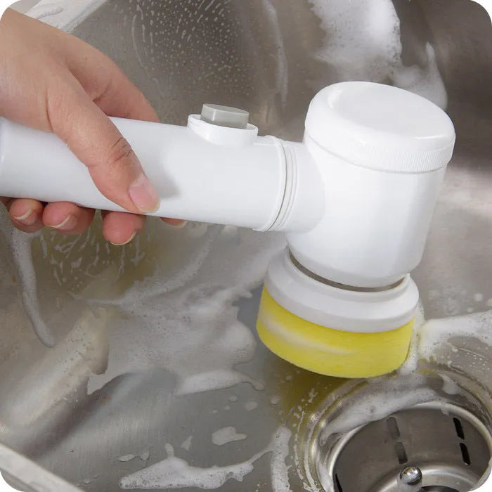 Magic Brush Electric Bath Cleaning Brush cordless rechargeable 5-in-1 scrubber with 3 interchangeable nylon brush heads for bathtubs, sinks, tiles, and hard surfaces, white ABS housing measuring 17x22.5x7.5 cm