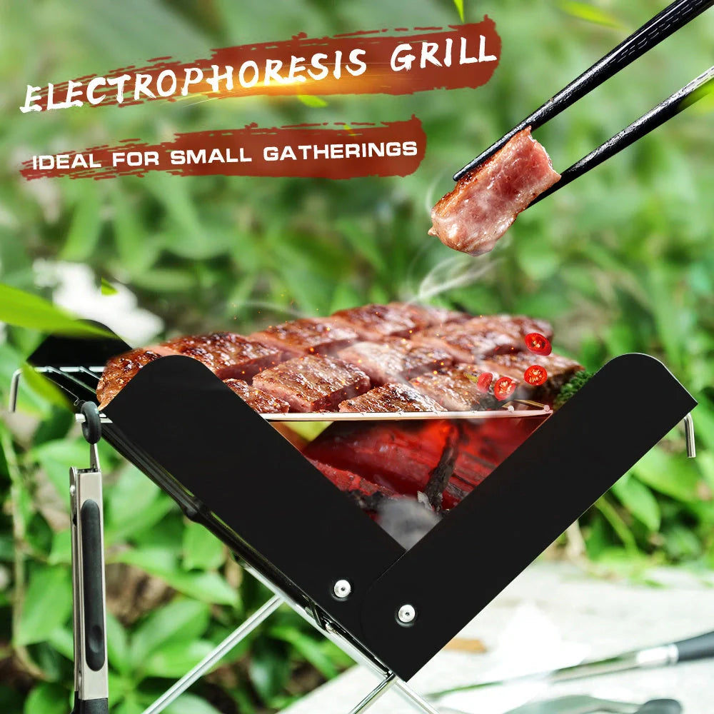 Portable stainless steel BBQ grill with foldable design for easy camping and picnic use
