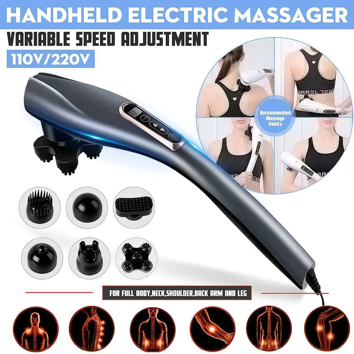 Electric Handheld Massager with 6 massage heads, kneading and vibrating massage therapy machine