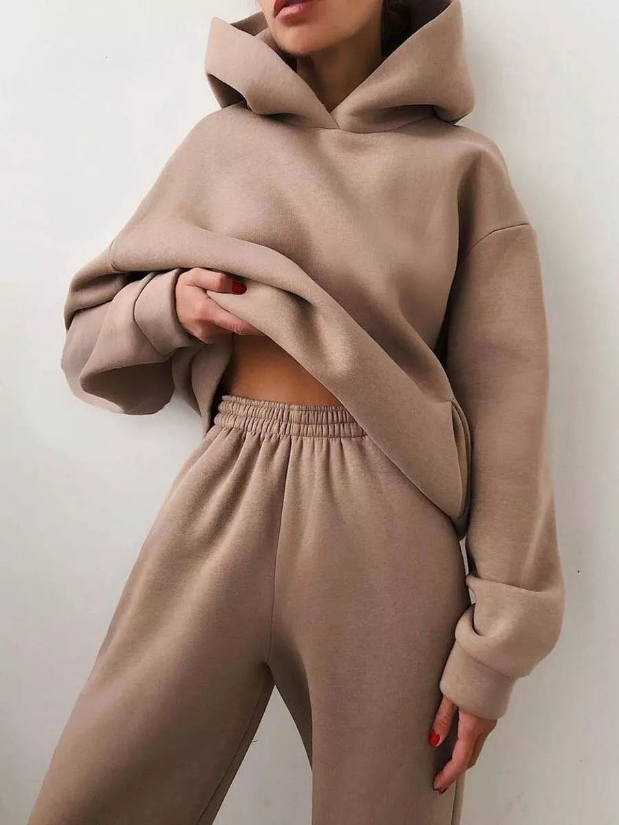 Women's Casual Hooded Sweater Two-piece Suit in corduroy fabric, available in multiple colors