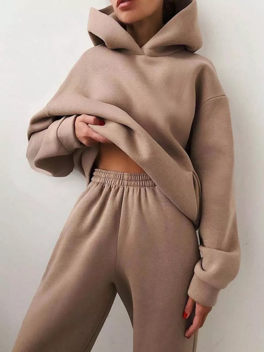 Women's Casual Hooded Sweater Two-piece Suit in corduroy fabric, available in multiple colors