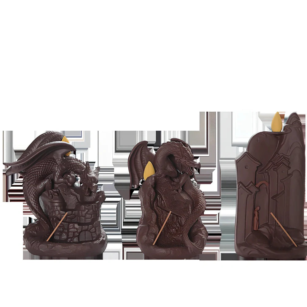 Zisha ceramic incense burner with flying dragon ornaments in three designs showing dimensions