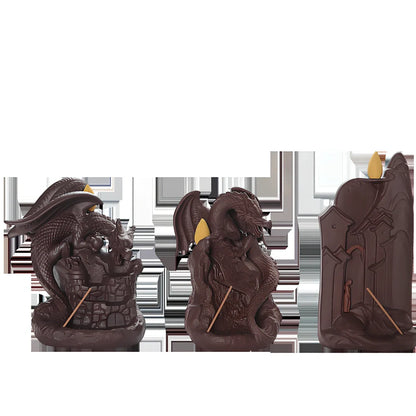 Zisha ceramic incense burner with flying dragon ornaments in three designs showing dimensions