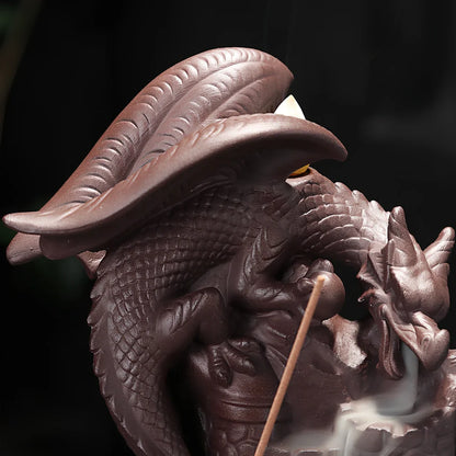 Zisha ceramic incense burner with flying dragon ornaments in three designs showing dimensions