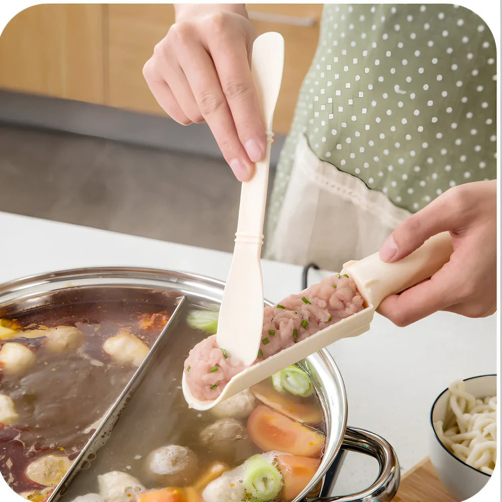 White plastic meatball maker tool showing 20cm diameter and 2.5cm meatball mould