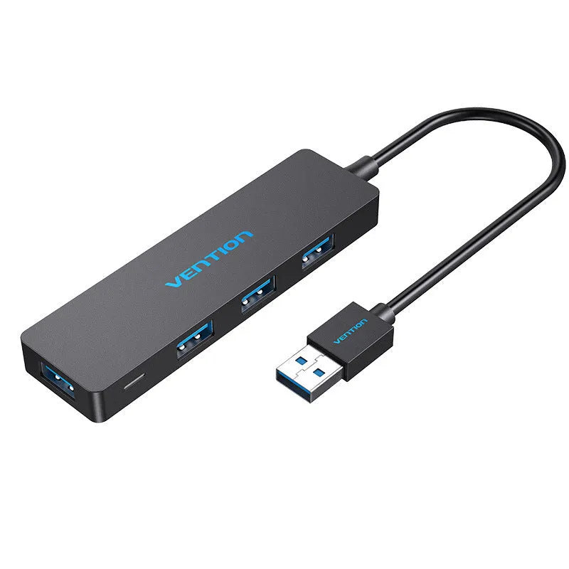 Black Wei Xun four-port USB 3.0 hub with short cable and nickel-plated interfaces