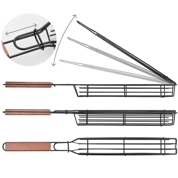 Barbecue basket with rotary lid and long wood handle on a grill, burlywood colour.