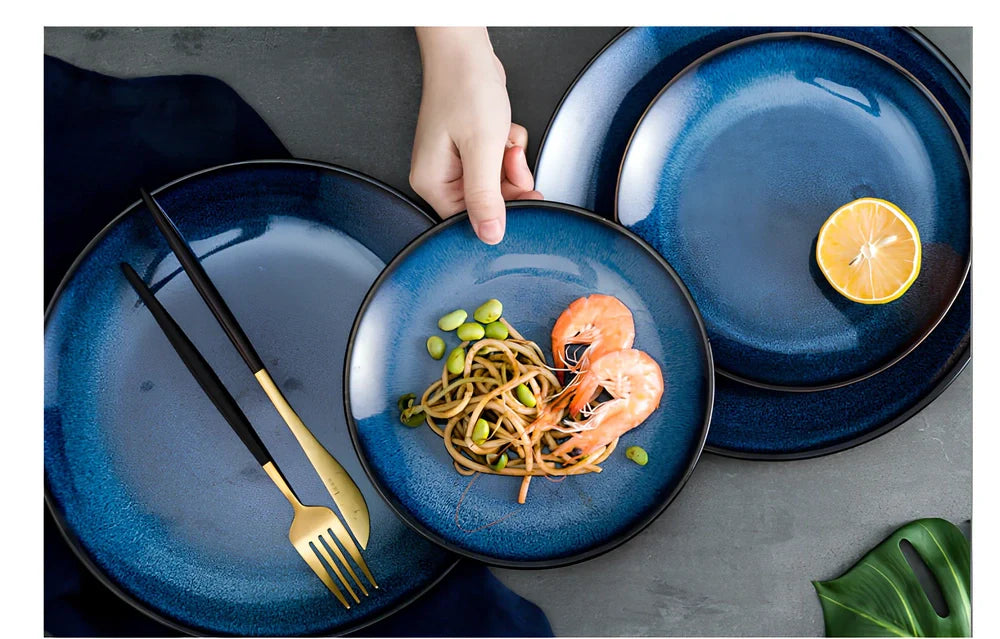 Blue kiln variation porcelain shallow plate, 7.5-inch 19.3 cm size, modern simple design for pasta and steak