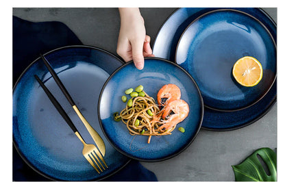 Blue kiln variation porcelain shallow plate, 7.5-inch 19.3 cm size, modern simple design for pasta and steak