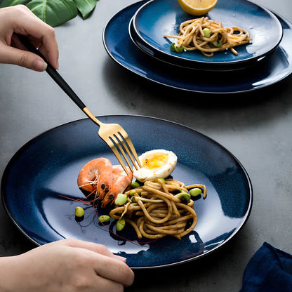 Blue kiln variation porcelain shallow plate, 7.5-inch 19.3 cm size, modern simple design for pasta and steak
