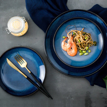 Blue kiln variation porcelain shallow plate, 7.5-inch 19.3 cm size, modern simple design for pasta and steak