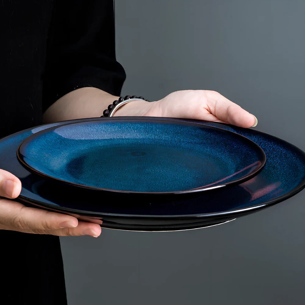 Blue kiln variation porcelain shallow plate, 7.5-inch 19.3 cm size, modern simple design for pasta and steak