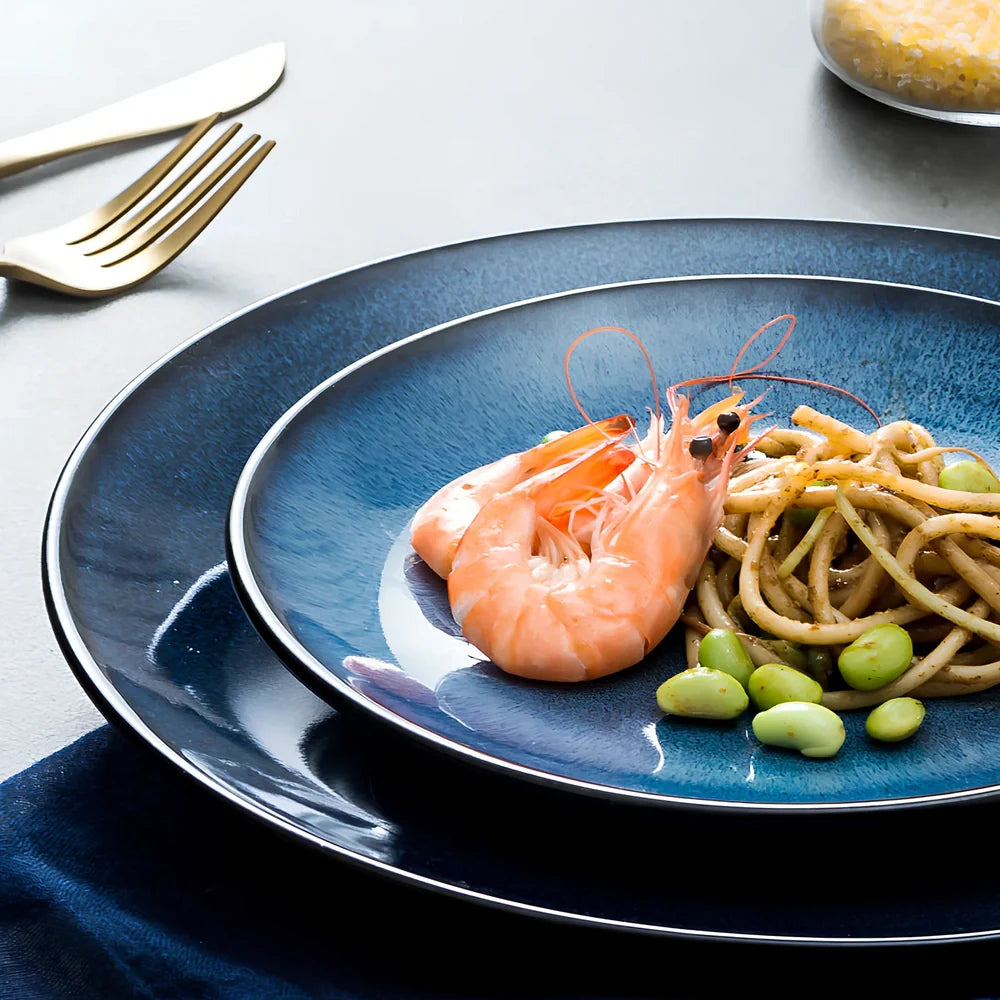 Blue kiln variation porcelain shallow plate, 7.5-inch 19.3 cm size, modern simple design for pasta and steak