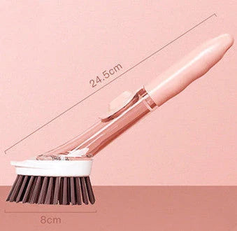 Long-handled kitchen cleaning brush with removable head, designed for efficient and hygienic scrubbing of dishes, bowls, and surfaces.