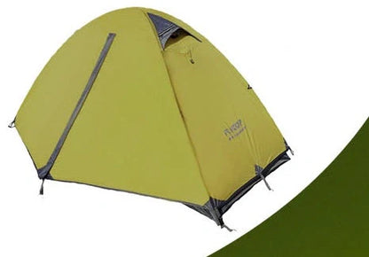 Double layer rainproof camping tent in green, orange, and blue colors for high altitude adventures